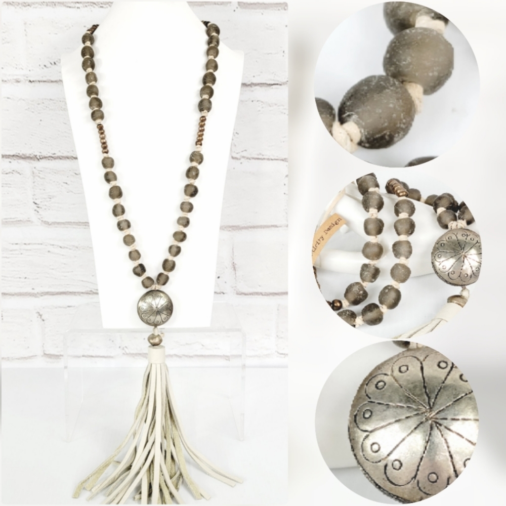NWT! One of a Kind Statement Rustic Boho Murano Glass Bead Tassel Necklace